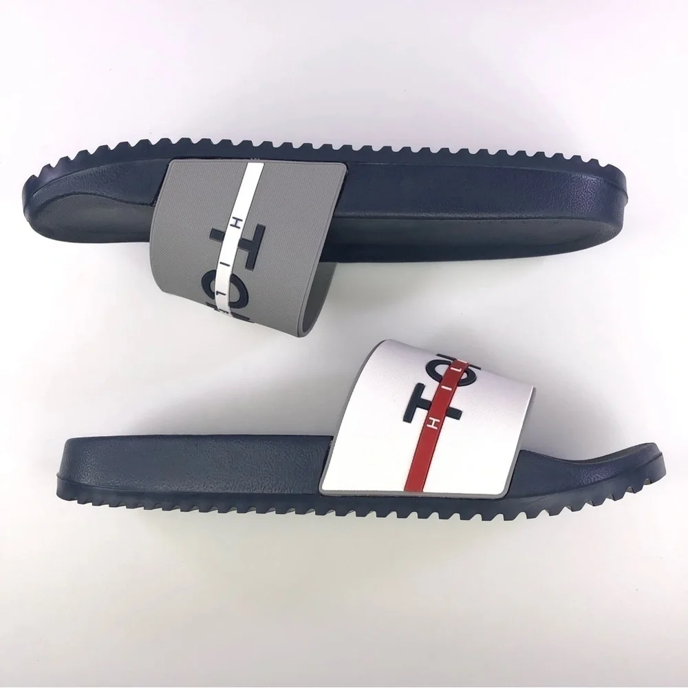 Tommy Hilfiger Men's Rafael Color Block Pool Slides in White/Gray Shoes